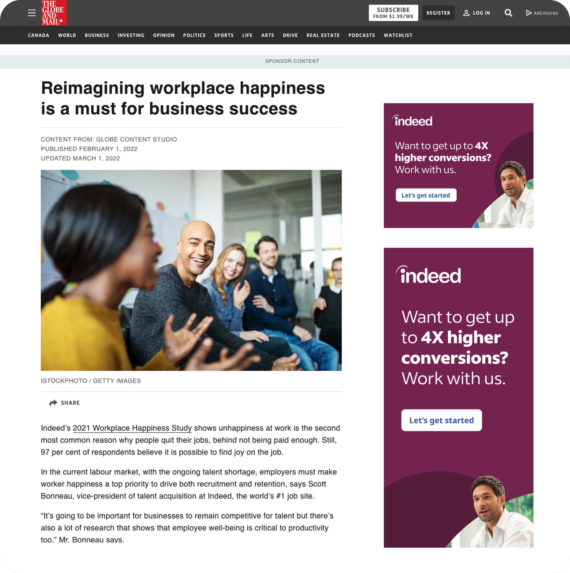 Globe and Mail sponsored content with Indeed ads